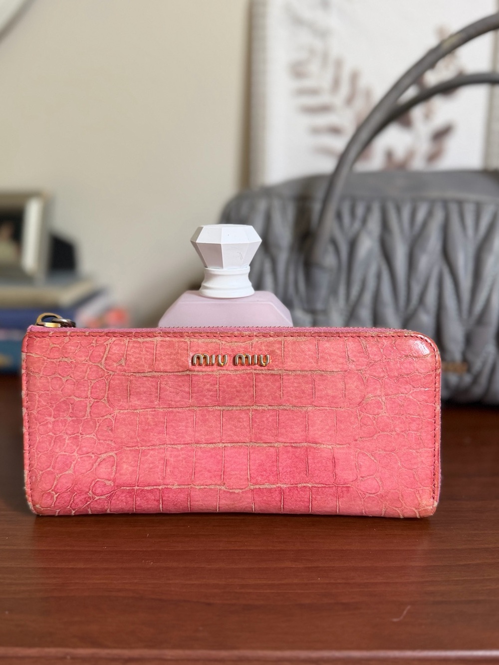 Miu Miu Pink Croc-Embossed Zip Wallet